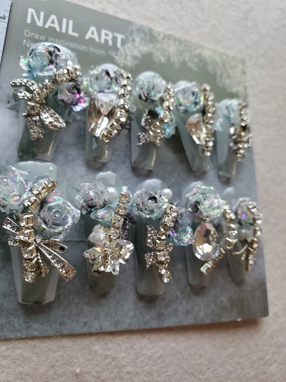 Crystal Nocturne ✨ 3D Floral Crystal Press-On Nails